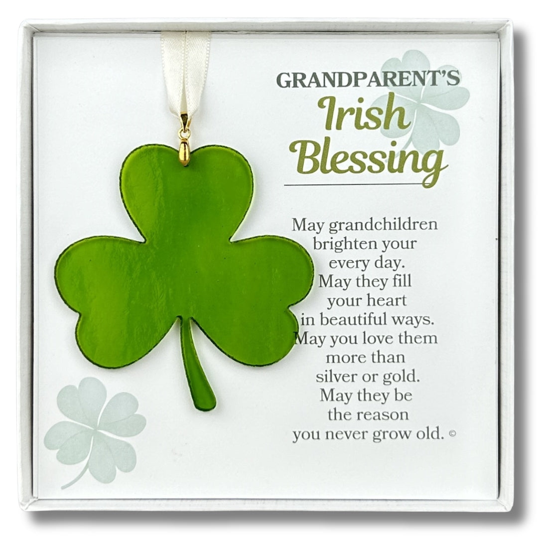 Irish Blessing Grandparent Gift - Handmade 3" green glass shamrock and "Grandparent's Irish Blessing" sentiment in white box with clear lid.