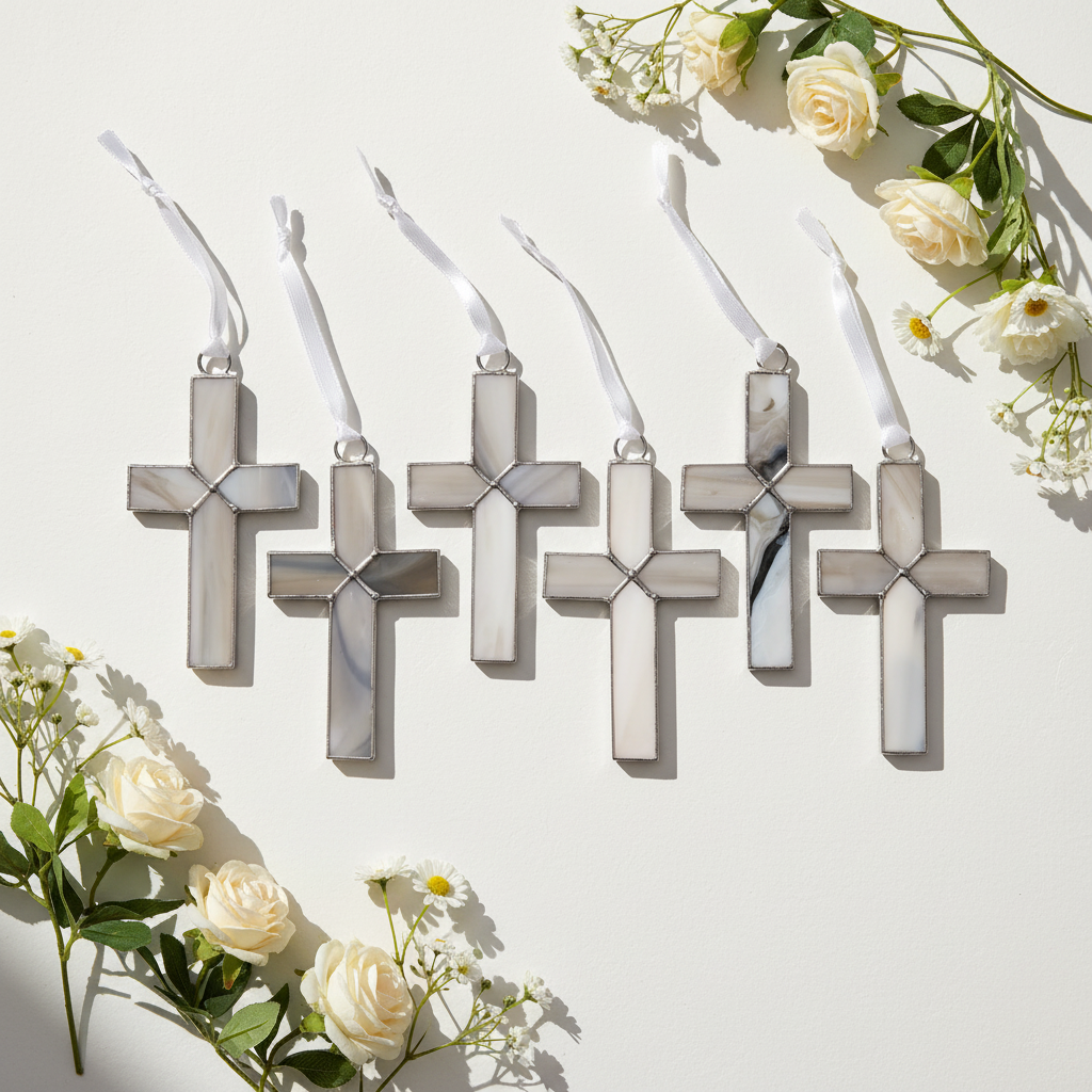 An assortment of gray stained glass crosses.