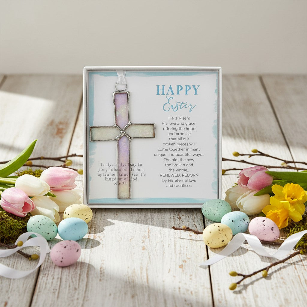 Happy Easter Cross Handmade Stained Glass - The Grandparent Gift Co.