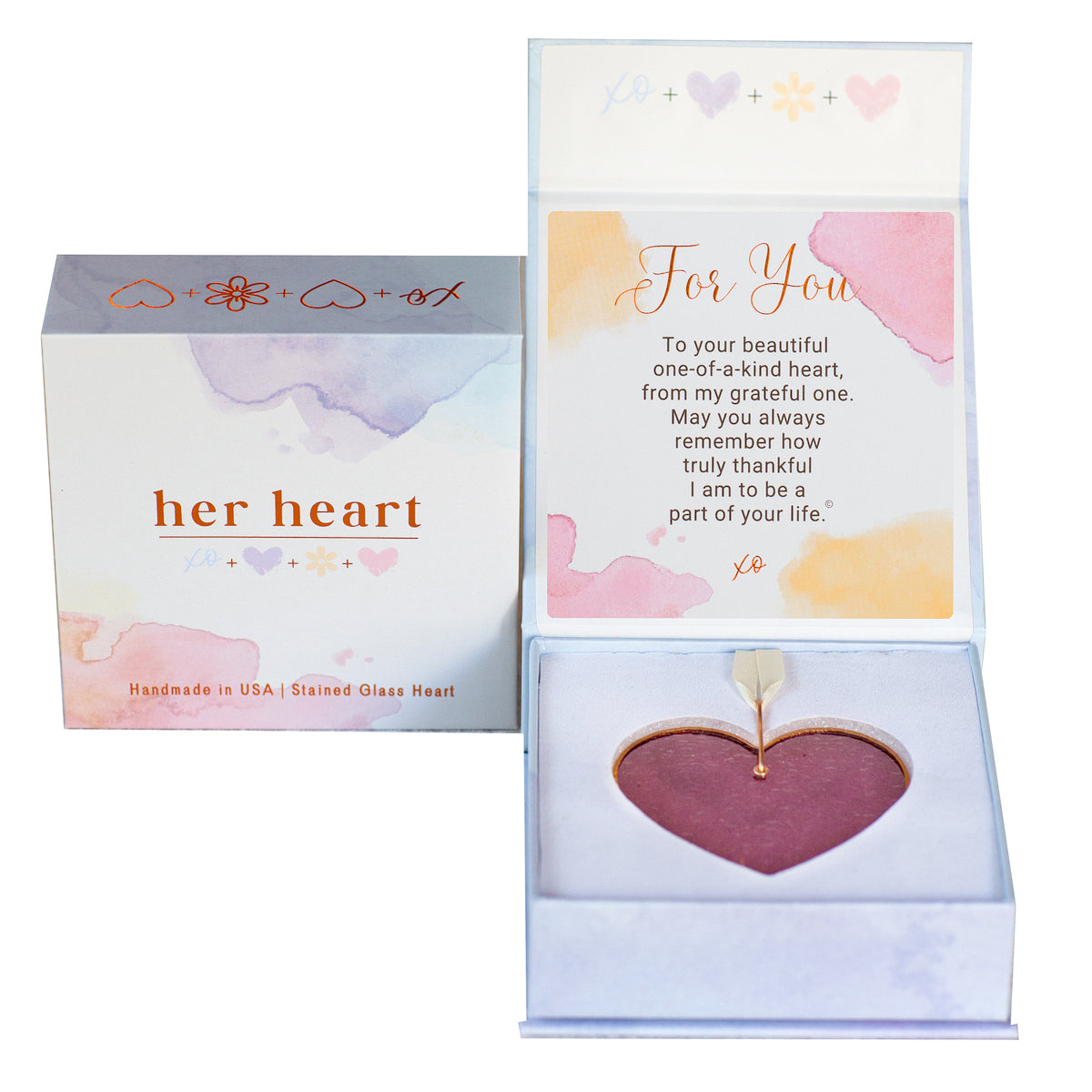 Her Heart For You gift box shown closed and open.  Open box features sentiment card and heart resting in foam cushion.