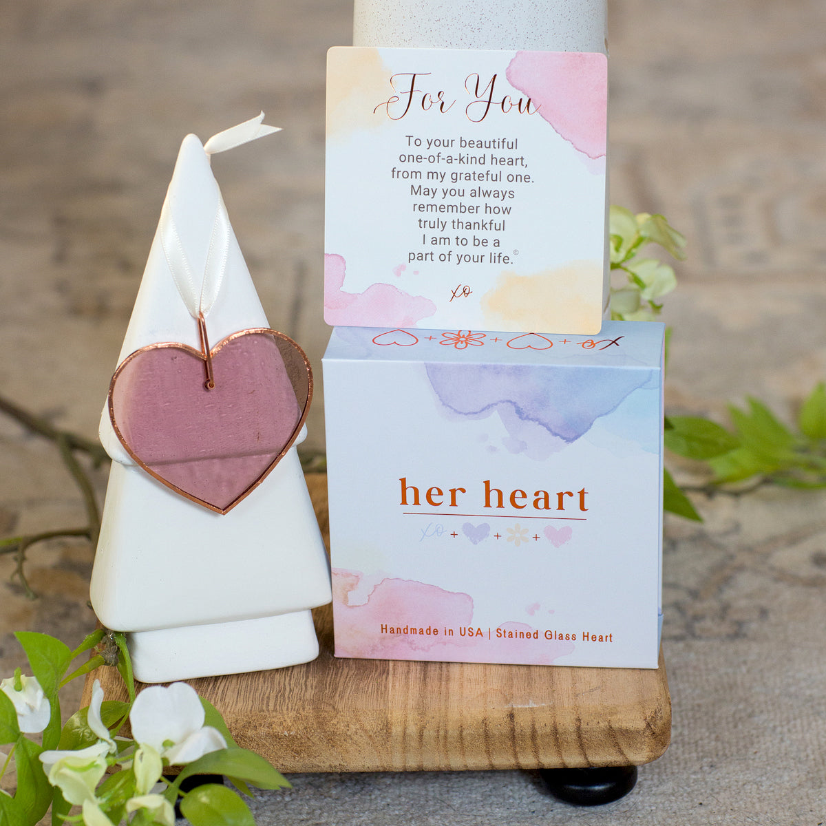 Her Heart For You gift with box, sentiment card, and pink stain glass heart.