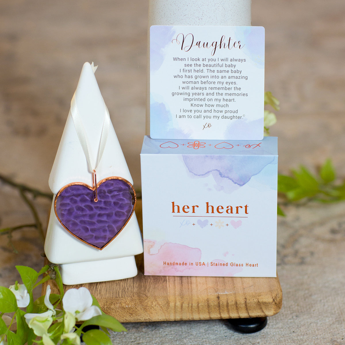 Her Heart for Daughter gift with box, sentiment card, and purple stain glass heart.