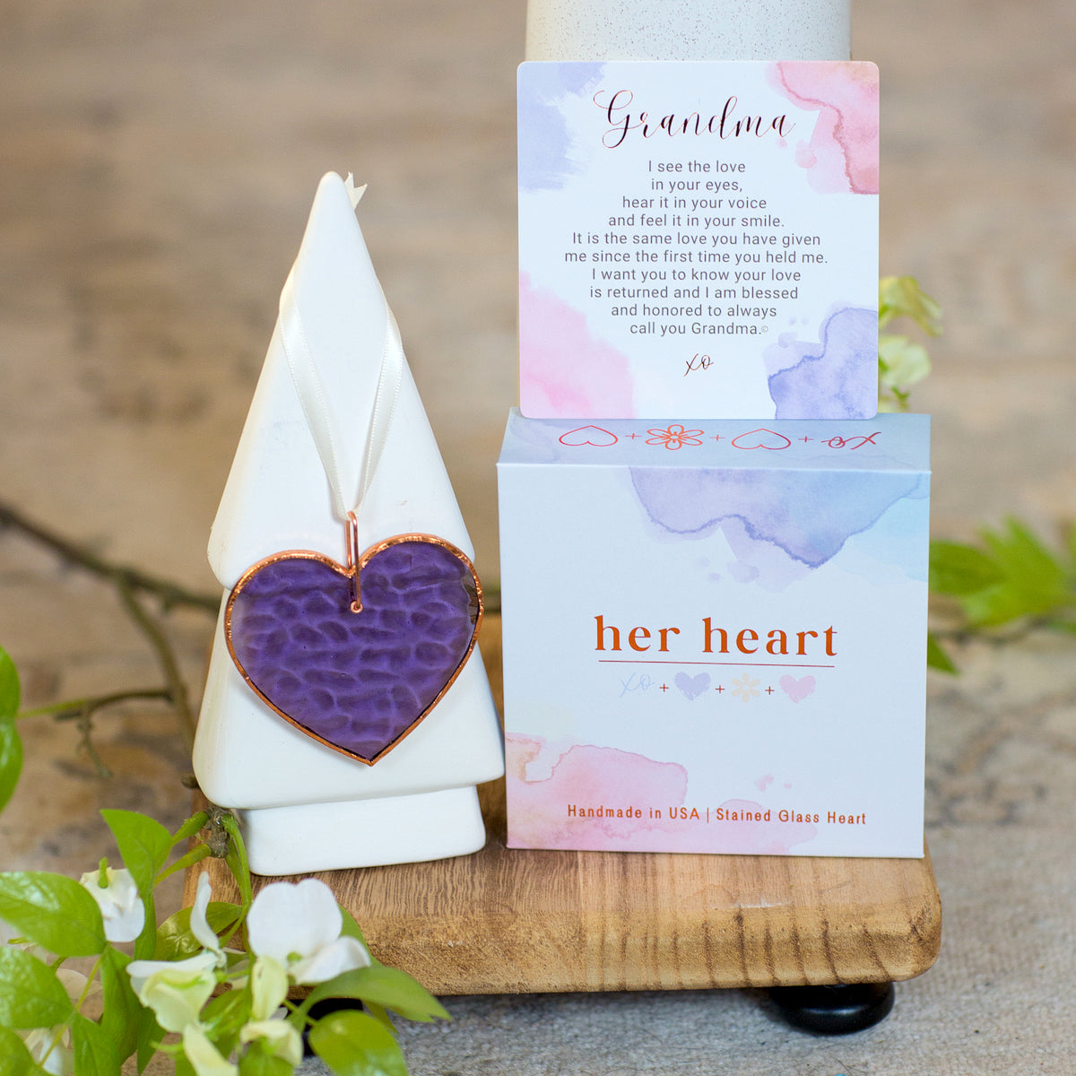 Her Heart for Grandma gift with box, sentiment card, and purple stain glass heart.
