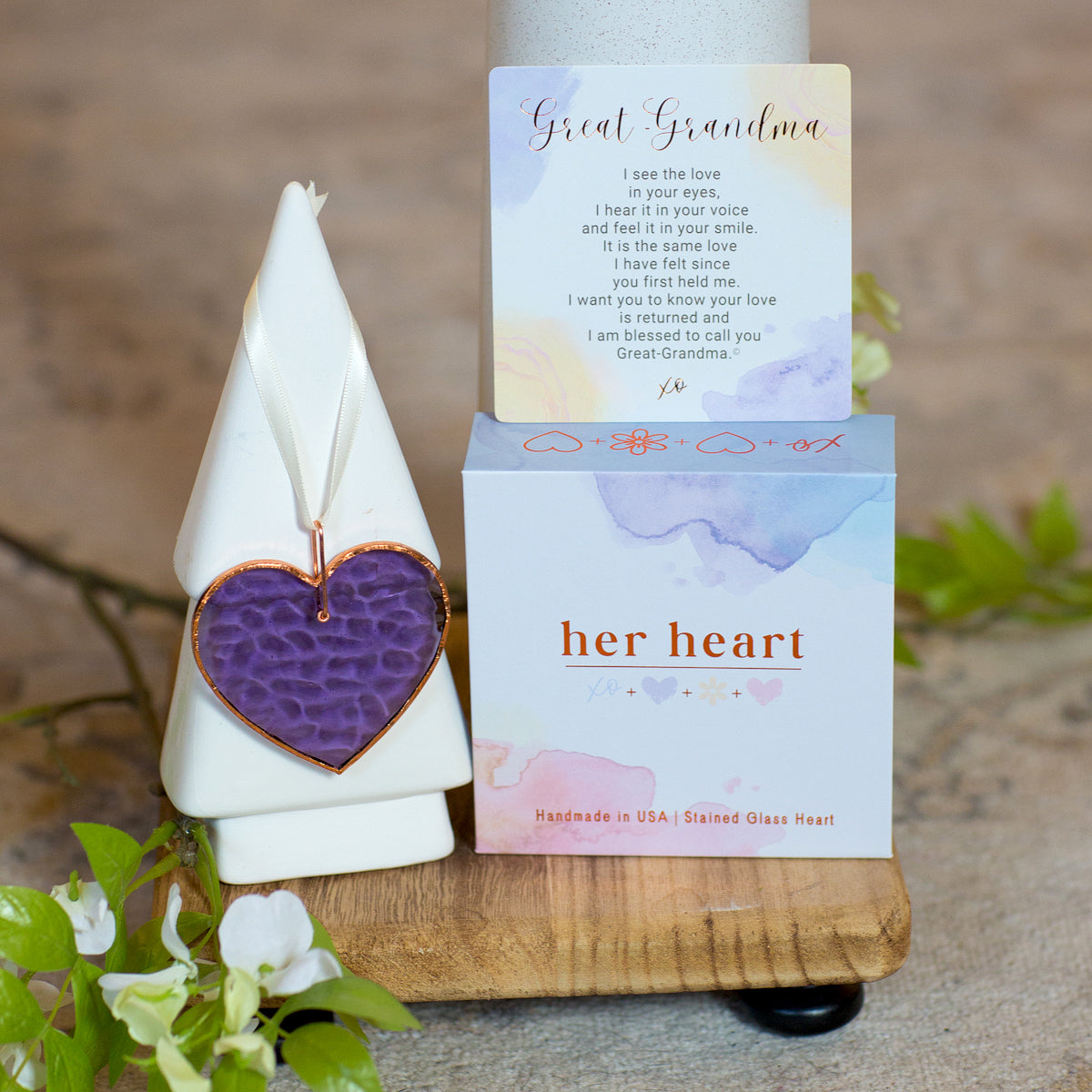 Her Heart for Great-Grandma gift with box, sentiment card, and purple stain glass heart.