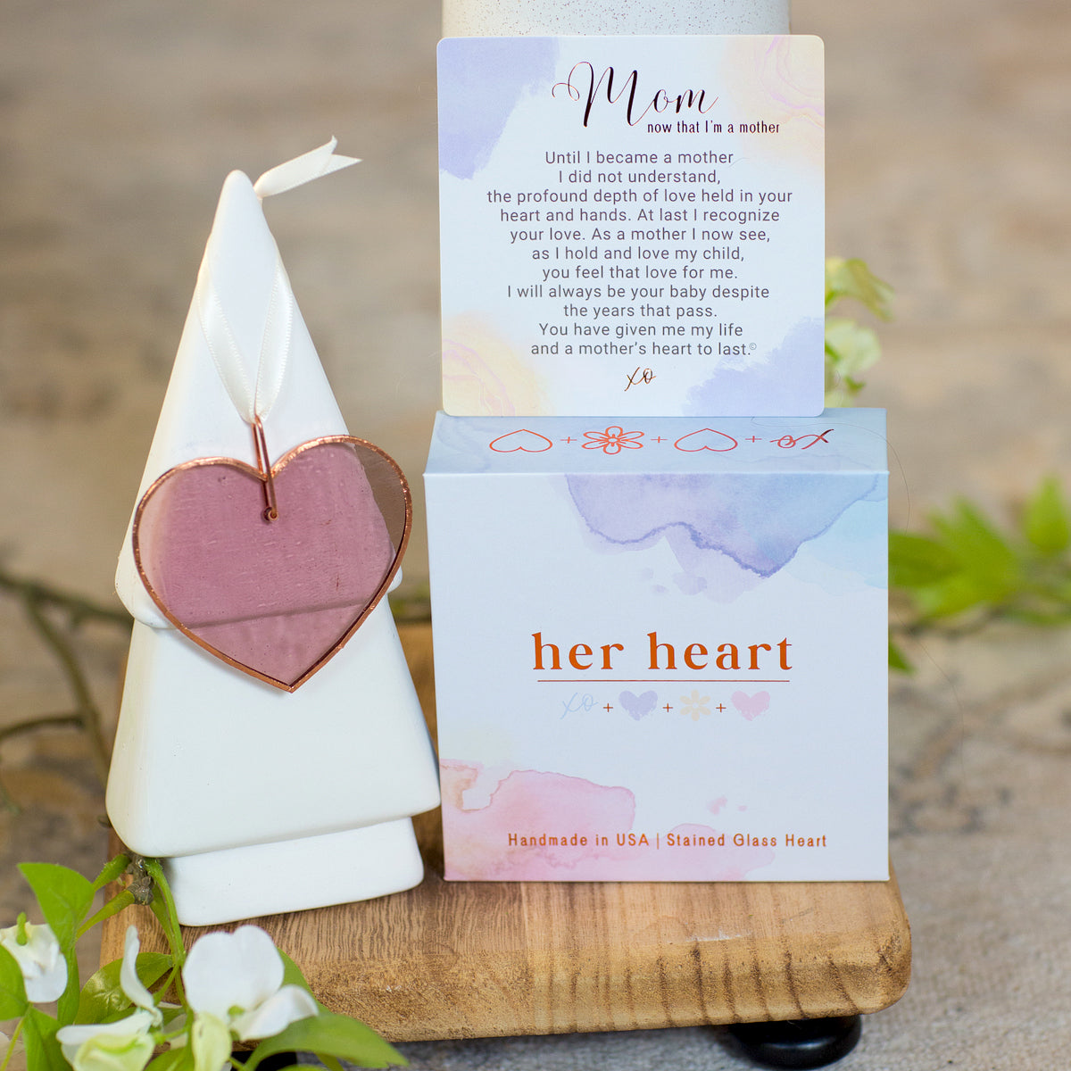 Her Heart for Mom, now that I'm a mother gift with box, sentiment card, and pink stain glass heart.