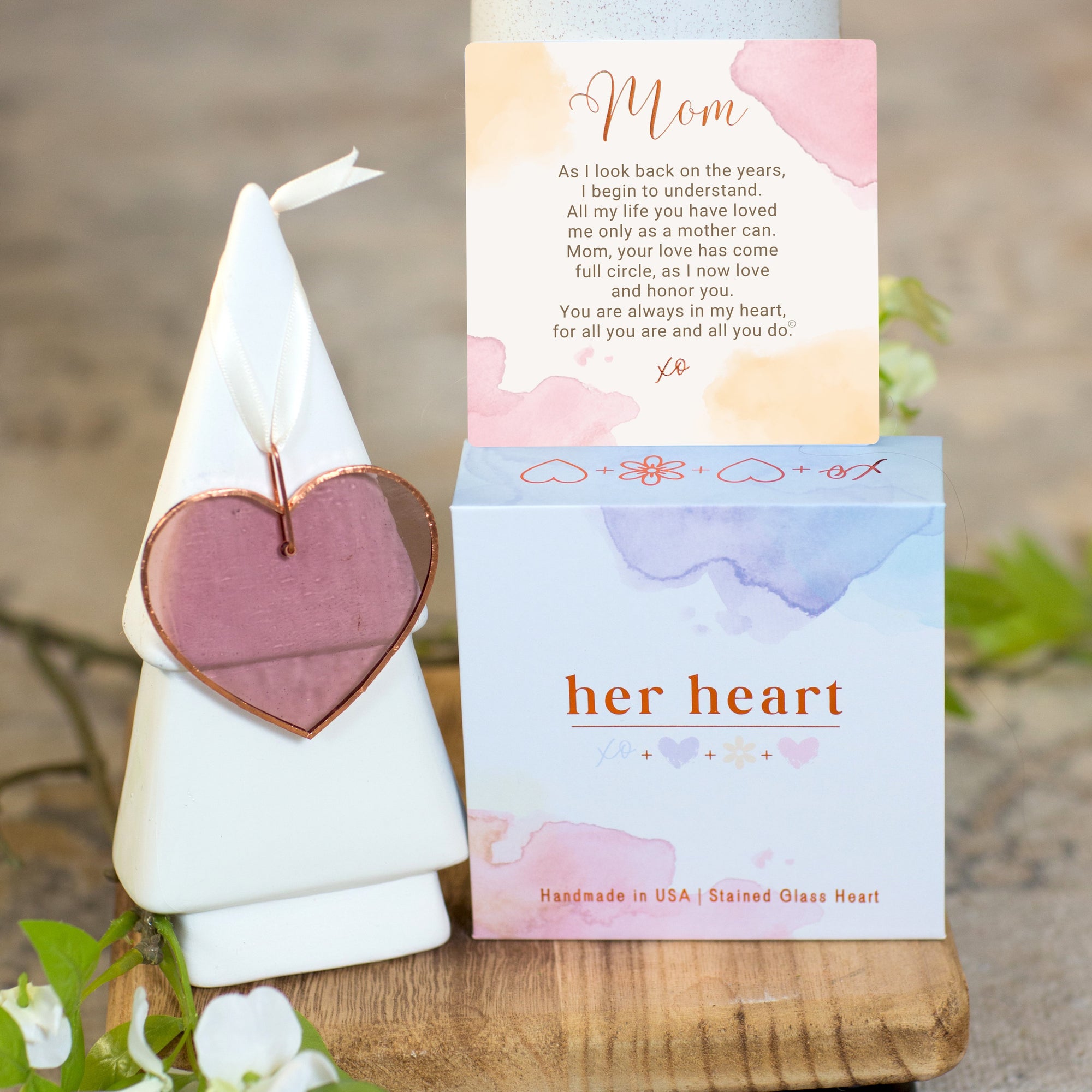 Her Heart for Mom gift with box, sentiment card, and pink stain glass heart.