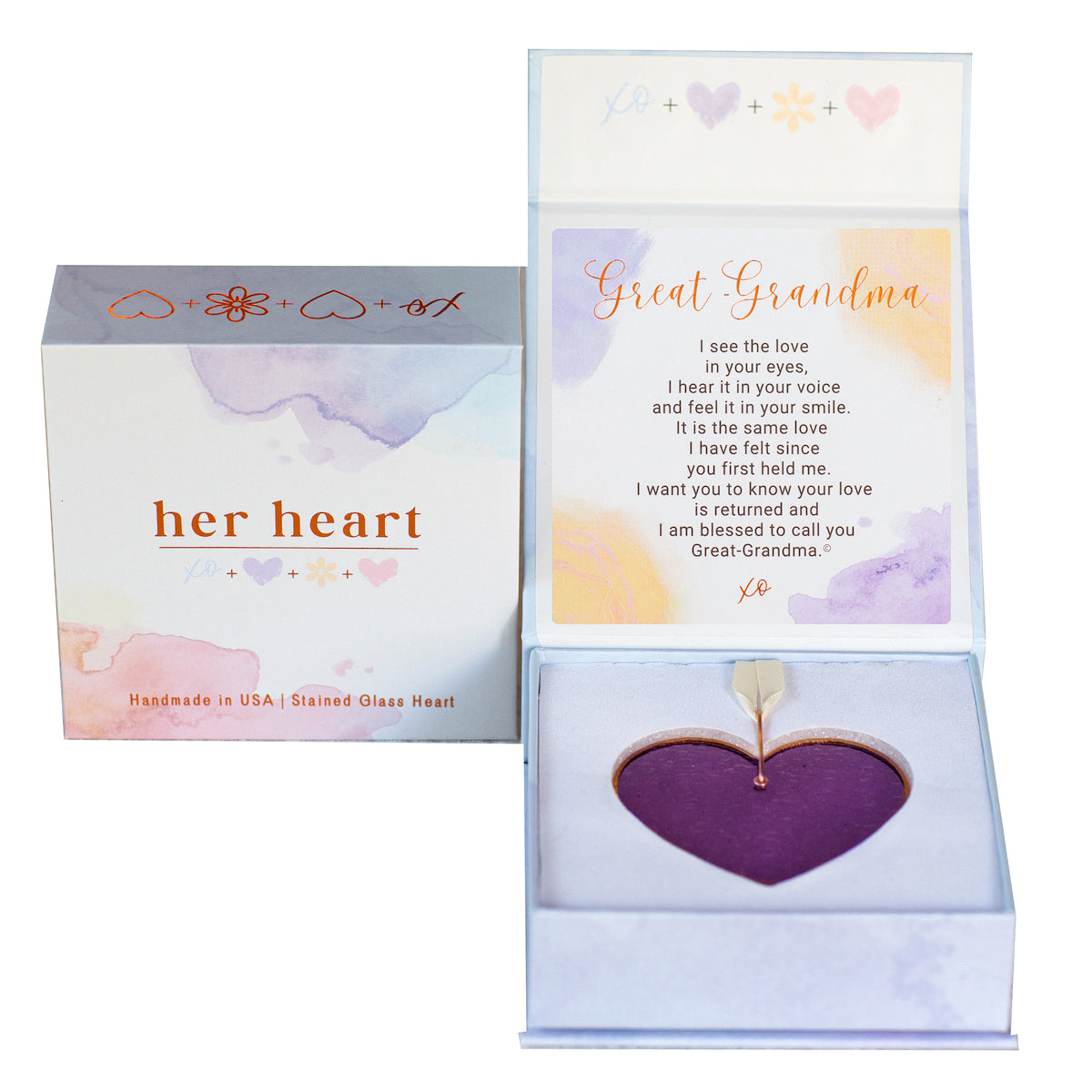 Her Heart for Great-Grandma gift box shown closed and open.  Open box features sentiment card and heart resting in foam cushion.