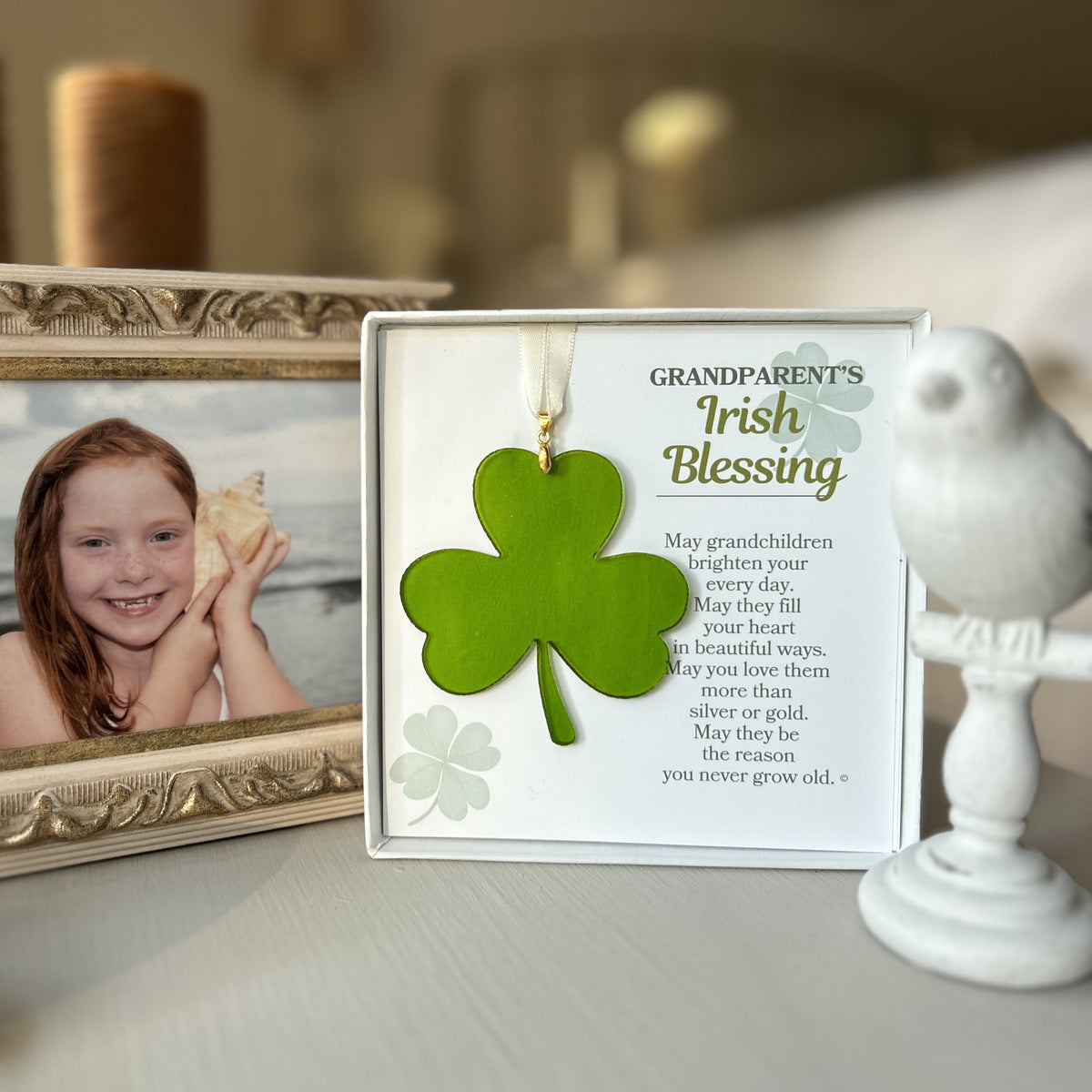 Grandparent gift with Irish grandchild&#39;s photo in the background.