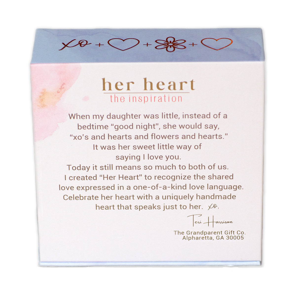 Bottom of the Her Heart gift box with the inspiration behind the product as described in the product story.