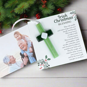 2 of 5:Irish Christmas blessing card with green glass cross and photo of grandparents with their granddaughter.