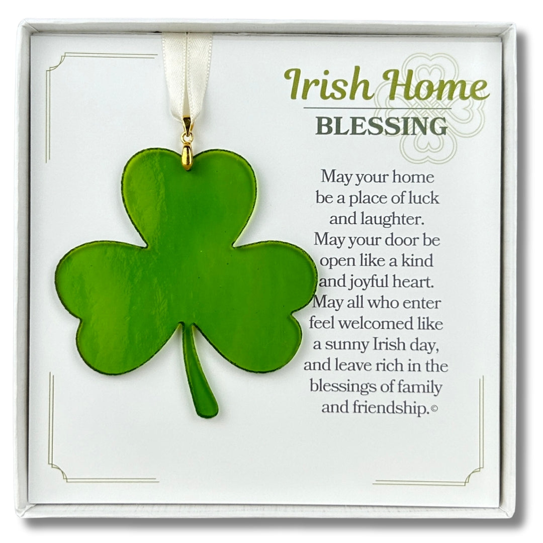 Irish Home Blessing Gift - Handmade 3" green glass shamrock and "Irish Home Blessing" sentiment in white box with clear lid.