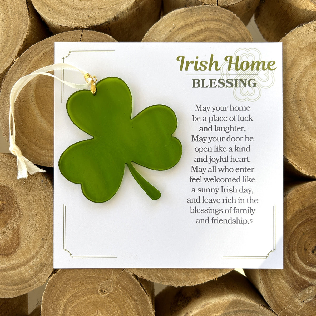 Glass shamrock and Irish blessing sentiment.