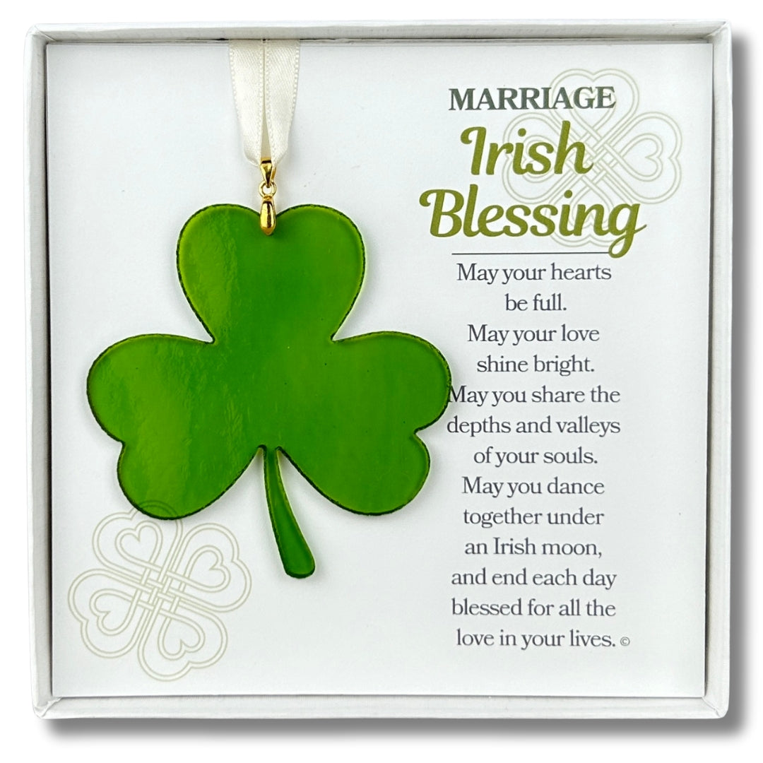 Wedding or Anniversary Gift - Handmade 3&quot; green glass shamrock and &quot;Marriage Irish Blessing&quot; sentiment in white box with clear lid.