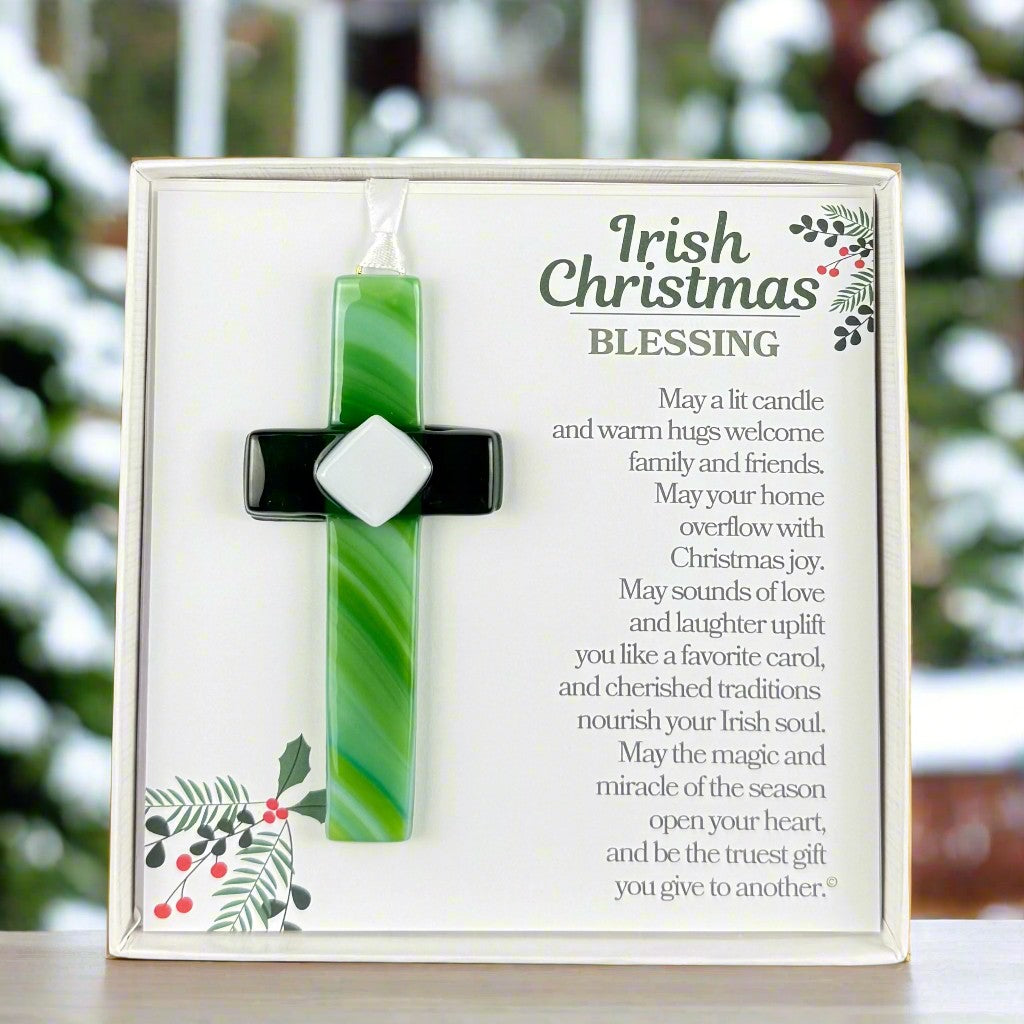4" hanging "Made in the USA" green glass mosaic cross and Irish Christmas Blessing poem packaged in white box with clear lid.