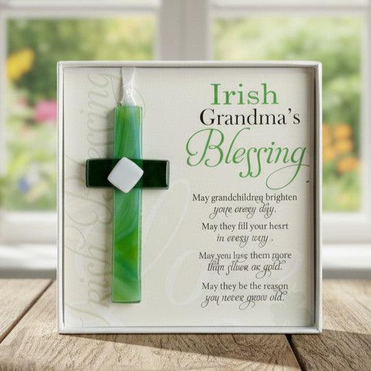 4" hanging "Made in the USA" green glass cross and Irish Grandma Blessing poem packaged in white box with clear lid.