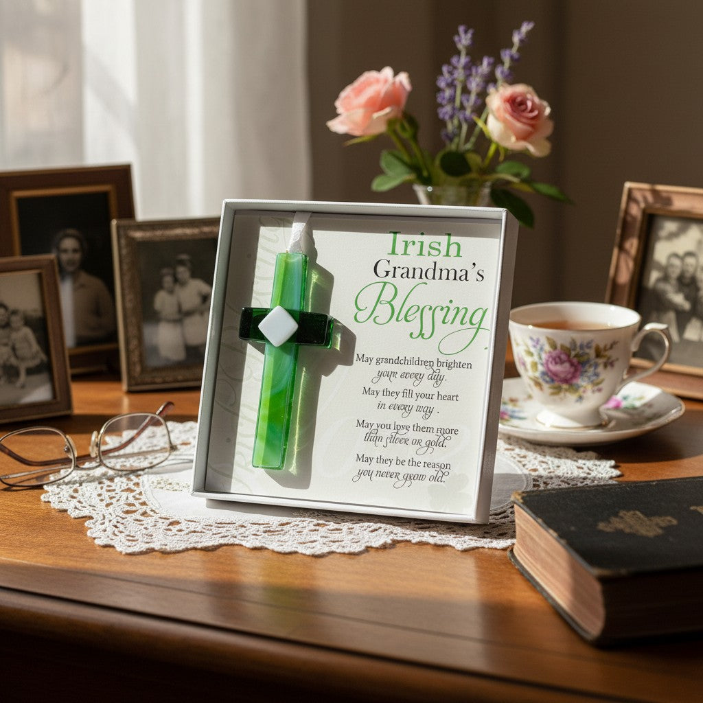 Irish Grandma's Blessing and Cross on a grandma's desk.