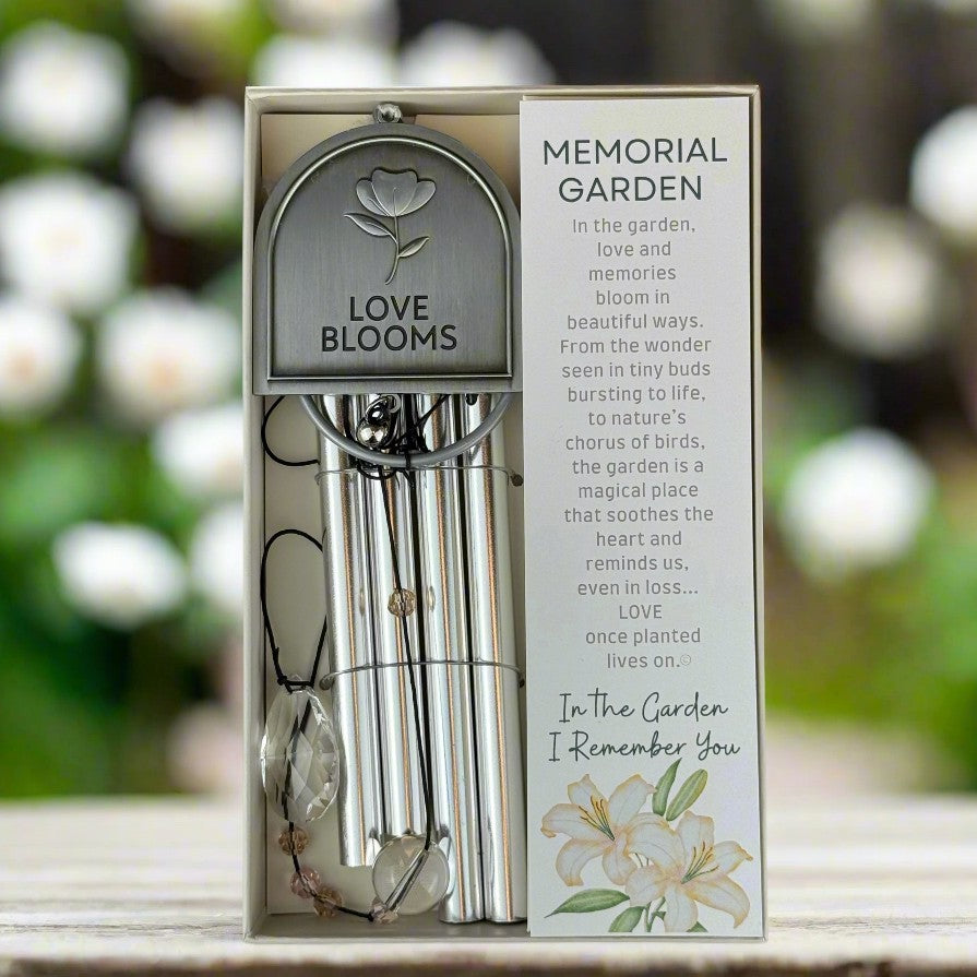Memorial Garden boxed windchime standing upright on a table.