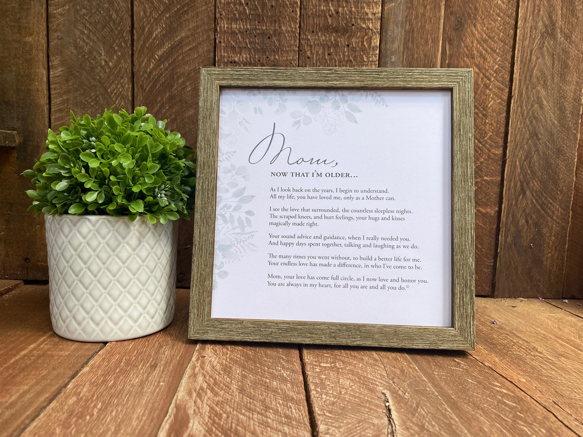 Framed poem for Mom in a rustic setting.
