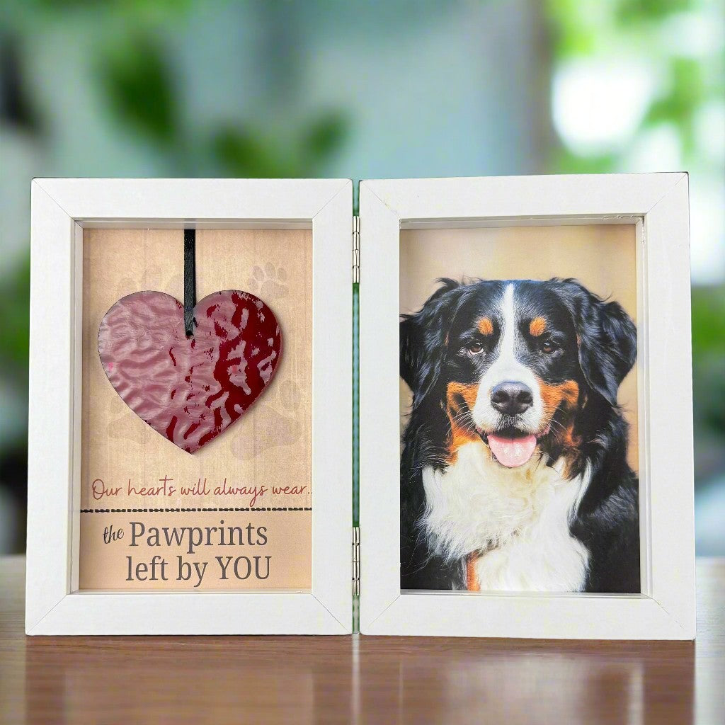 White 4x6 double frame with glass heart and sentiment on left and space for a 4x6 photo of dog on right side.