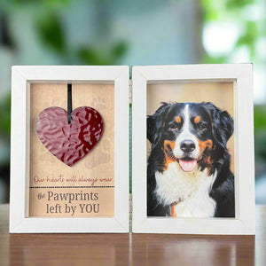 1 of 5:White 4x6 double frame with glass heart and sentiment on left and space for a 4x6 photo of dog on right side.