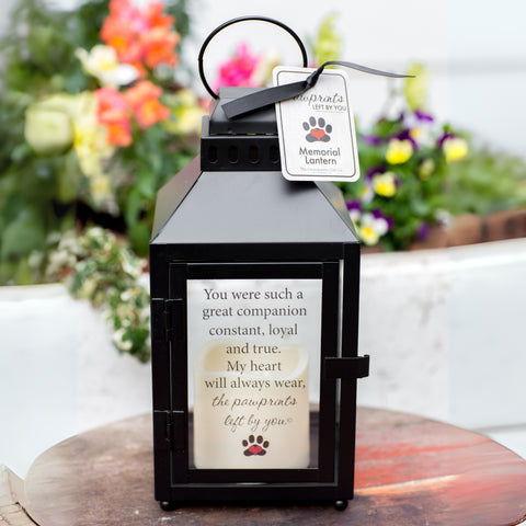 Pet loss sympathy black metal lantern with flickering built in candle, printed sentiment on glass panel and gift tag.