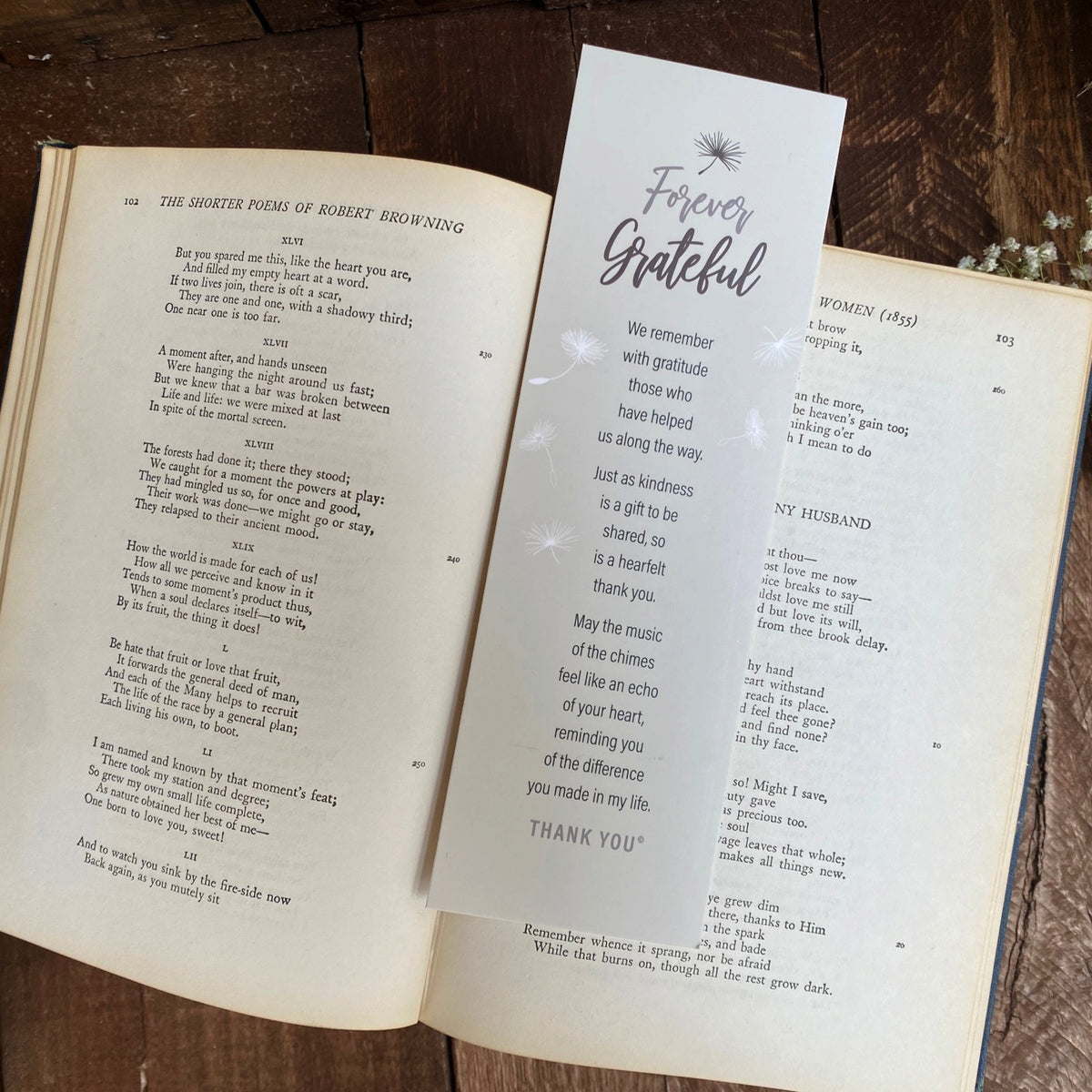 Forever Grateful poem card being used as a bookmark.