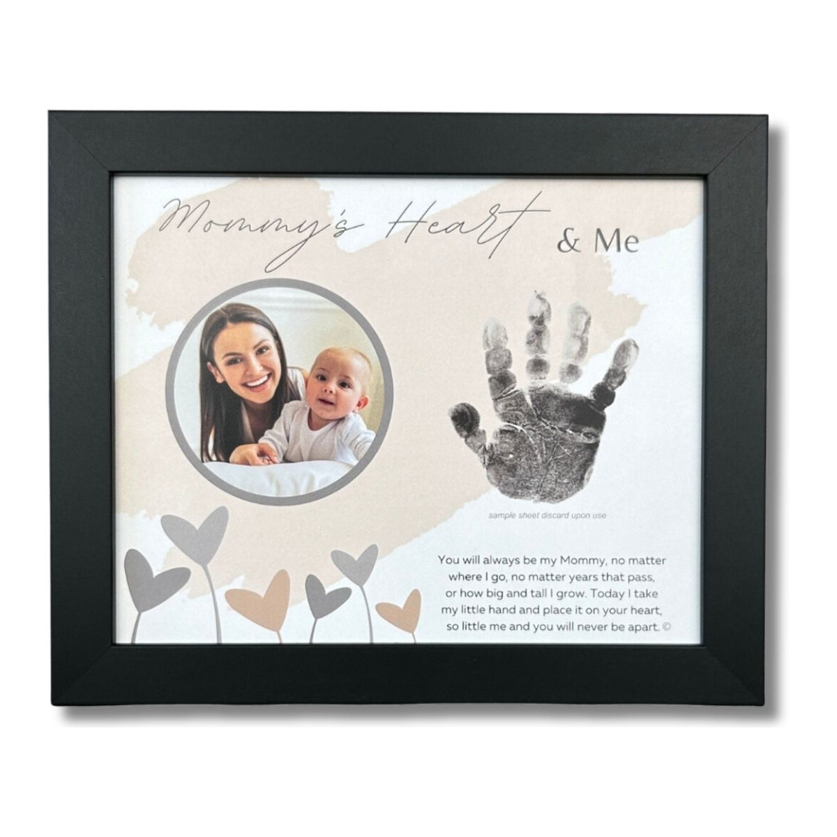 8x10 black frame with "Mommy's Heart & Me" artwork with poem, space for a handprint, and a circular opening for a photograph.