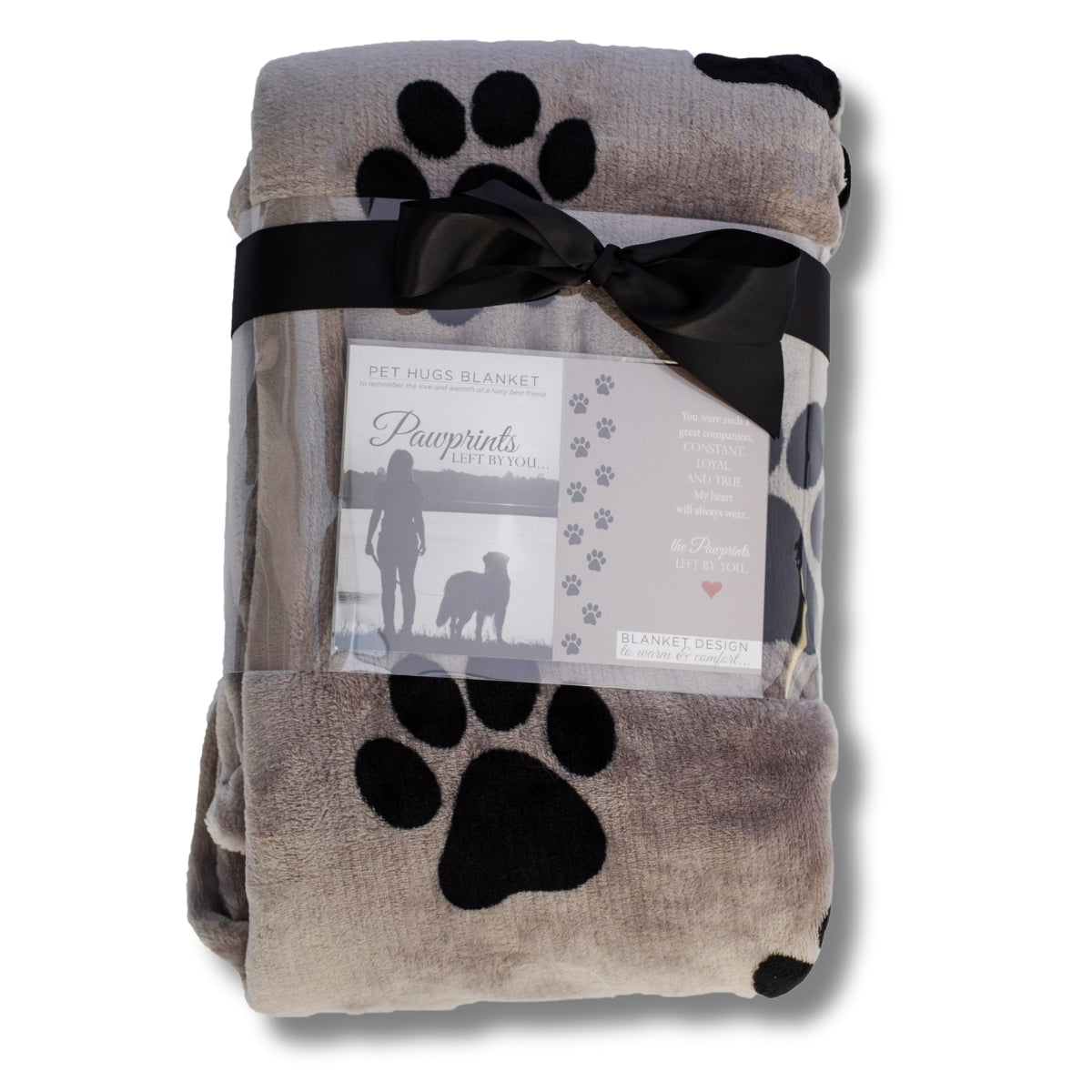 Pawprints Left by You Blanket packaged with Black satin  bow, ready for giving.