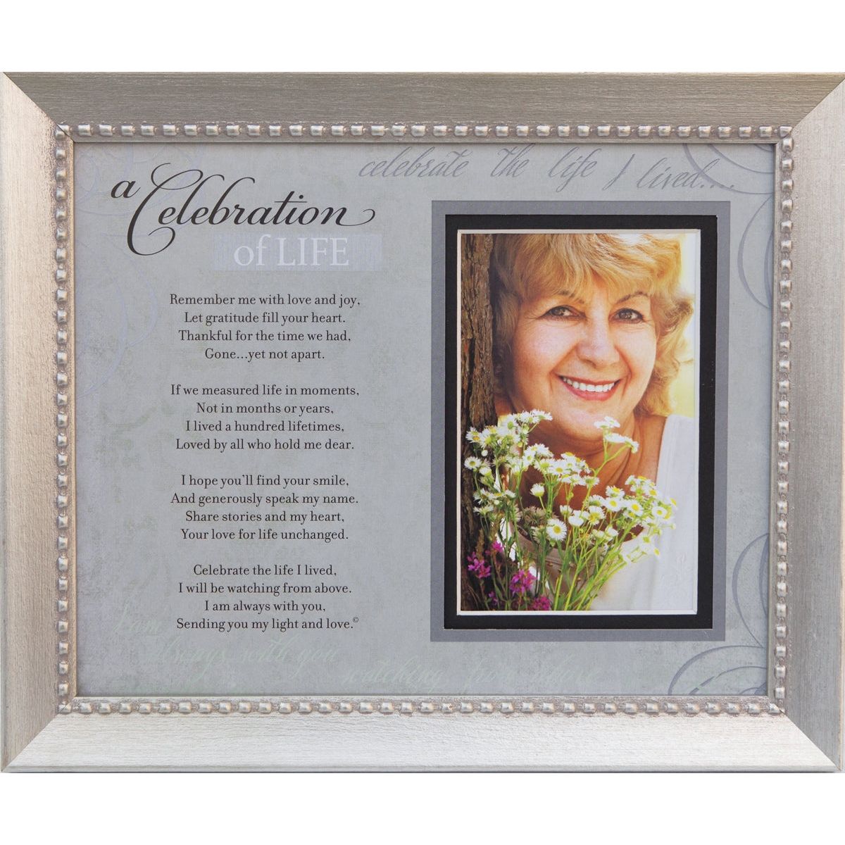8x10 silver-toned beaded wood frame with "Celebration of Life Memorial" poem and opening for 3.5"x5" or 4"x6" photo.