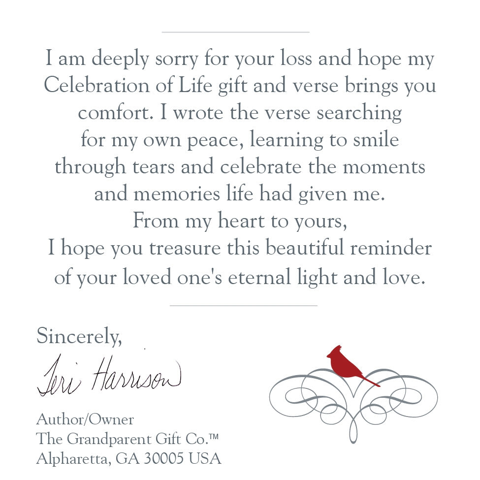Card enclosed with frame that tells the Celebration of Life product story.