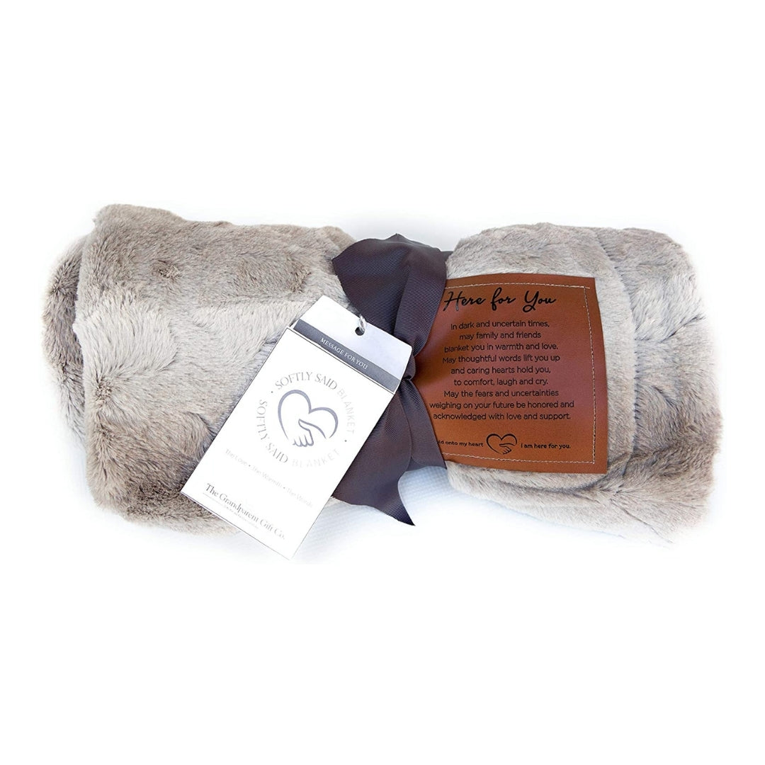 Gray faux fur blanket with "Here for You" sentiment on a faux leather patch.