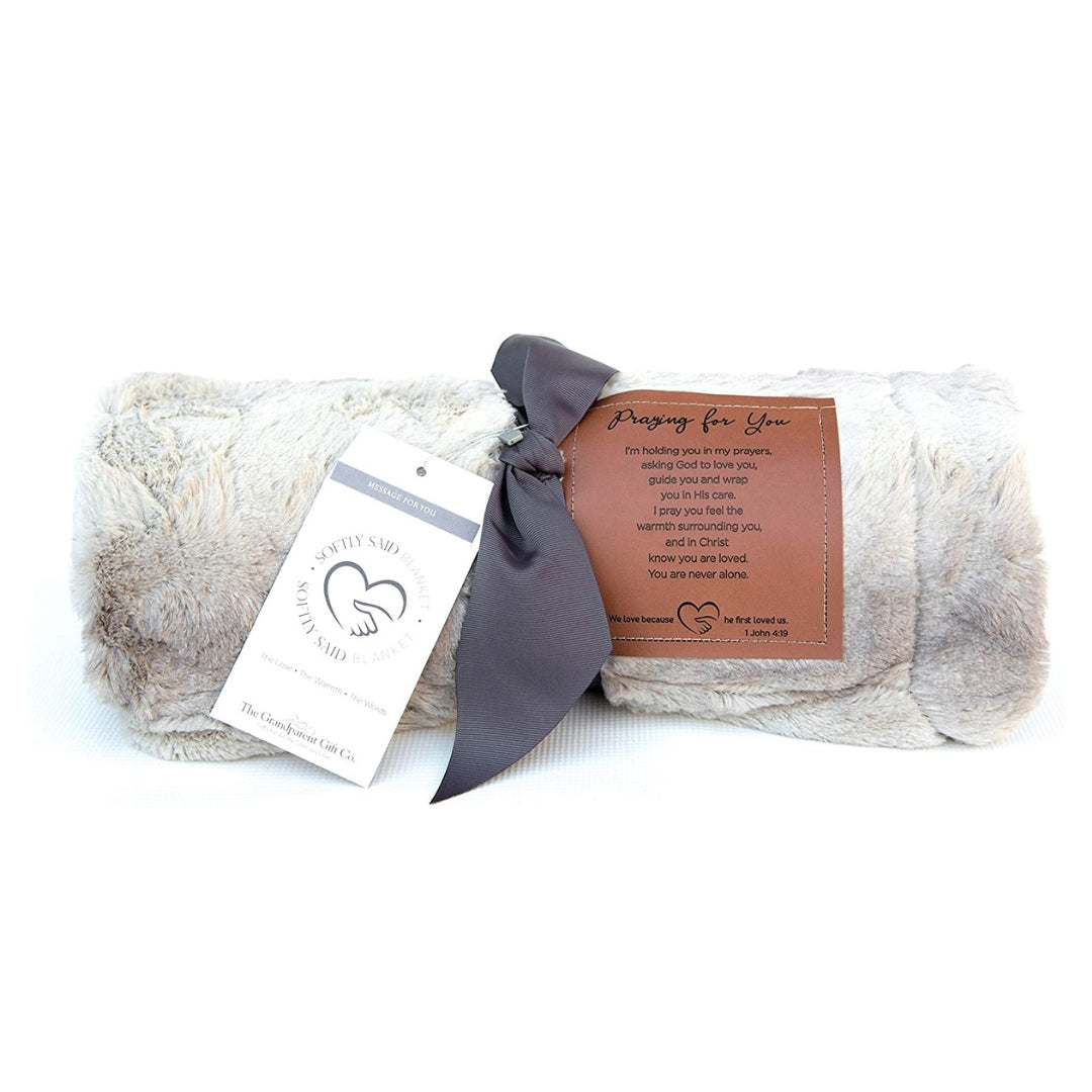 Gray faux fur blanket with "Praying for You" sentiment on a faux leather patch.