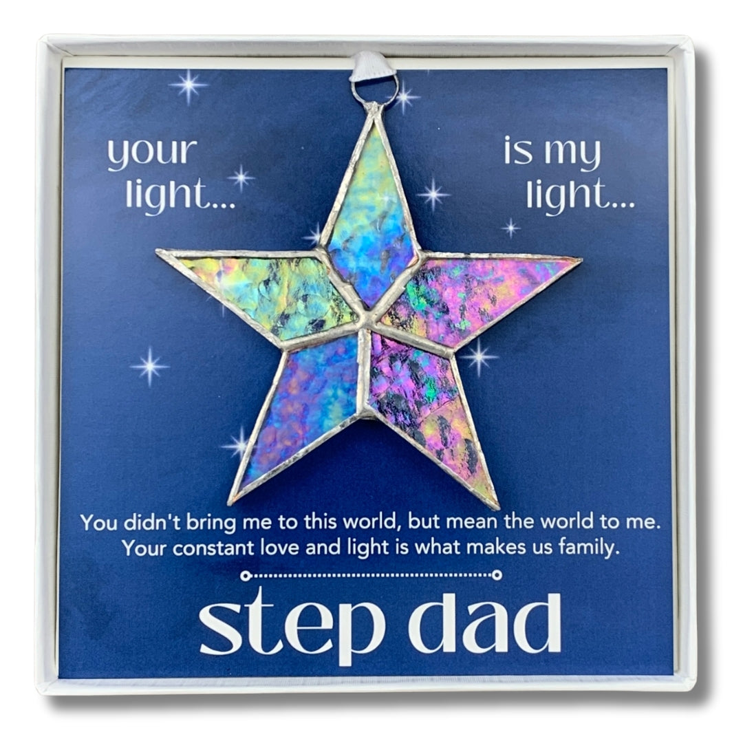 Handmade 4&quot; clear iridescent stained-glass star with silver edging, packaged with &quot;Stepdad&quot; sentiment in white gift box with clear lid.