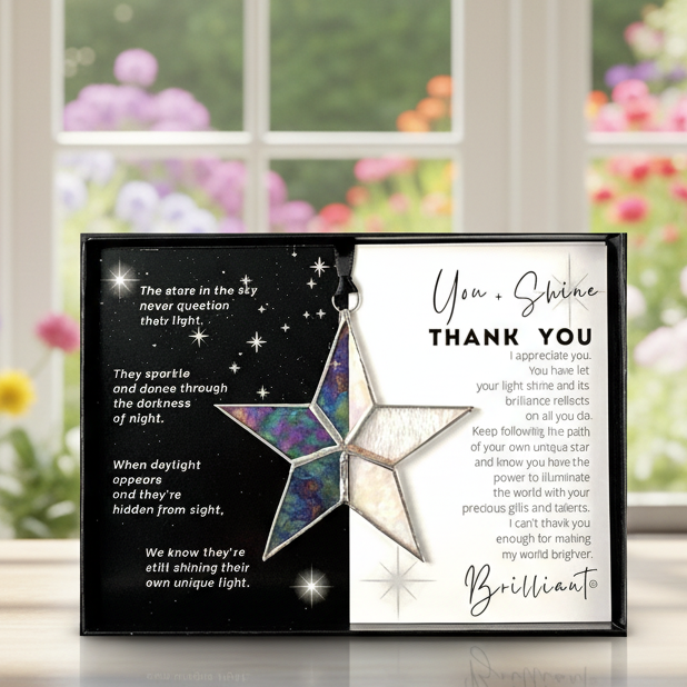Clear iridescent star with the "You + Shine Thank You" sentiment.