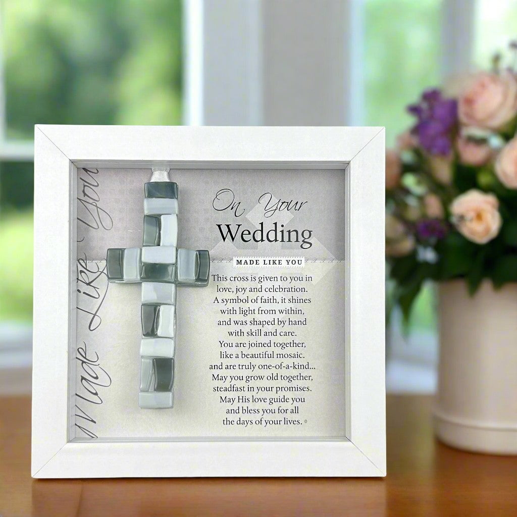 4" gray mosaic glass cross with "On Your Wedding" sentiment in white shadow box.