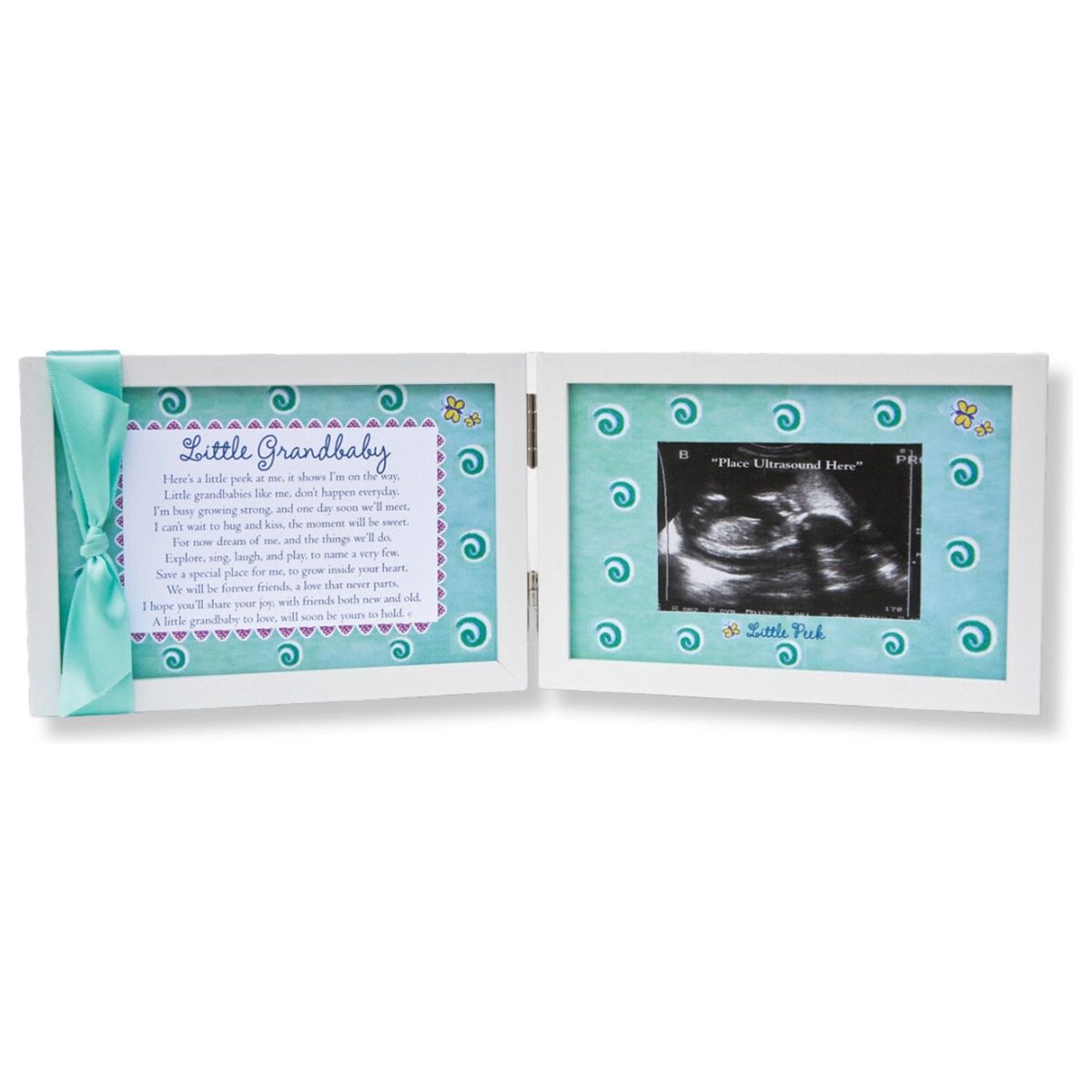 White 4x6 double wood frame with "Little Grandbaby" sentiment and aqua satin ribbon on the left and artwork and space for an ultrasound on the right.