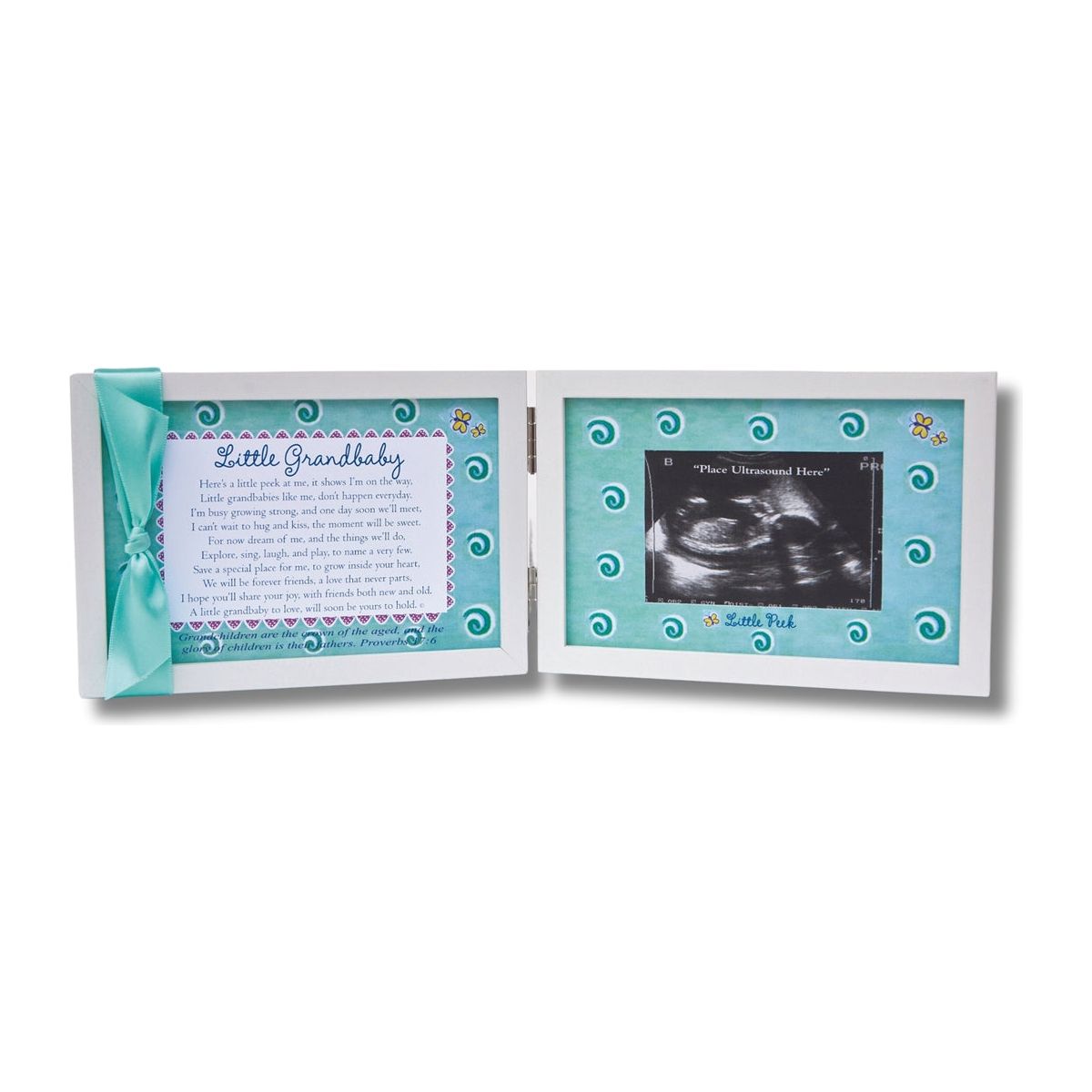White 4x6 double wood frame with "Little Grandbaby" sentiment and scripture verse and aqua satin ribbon on the left and artwork and space for an ultrasound on the right.