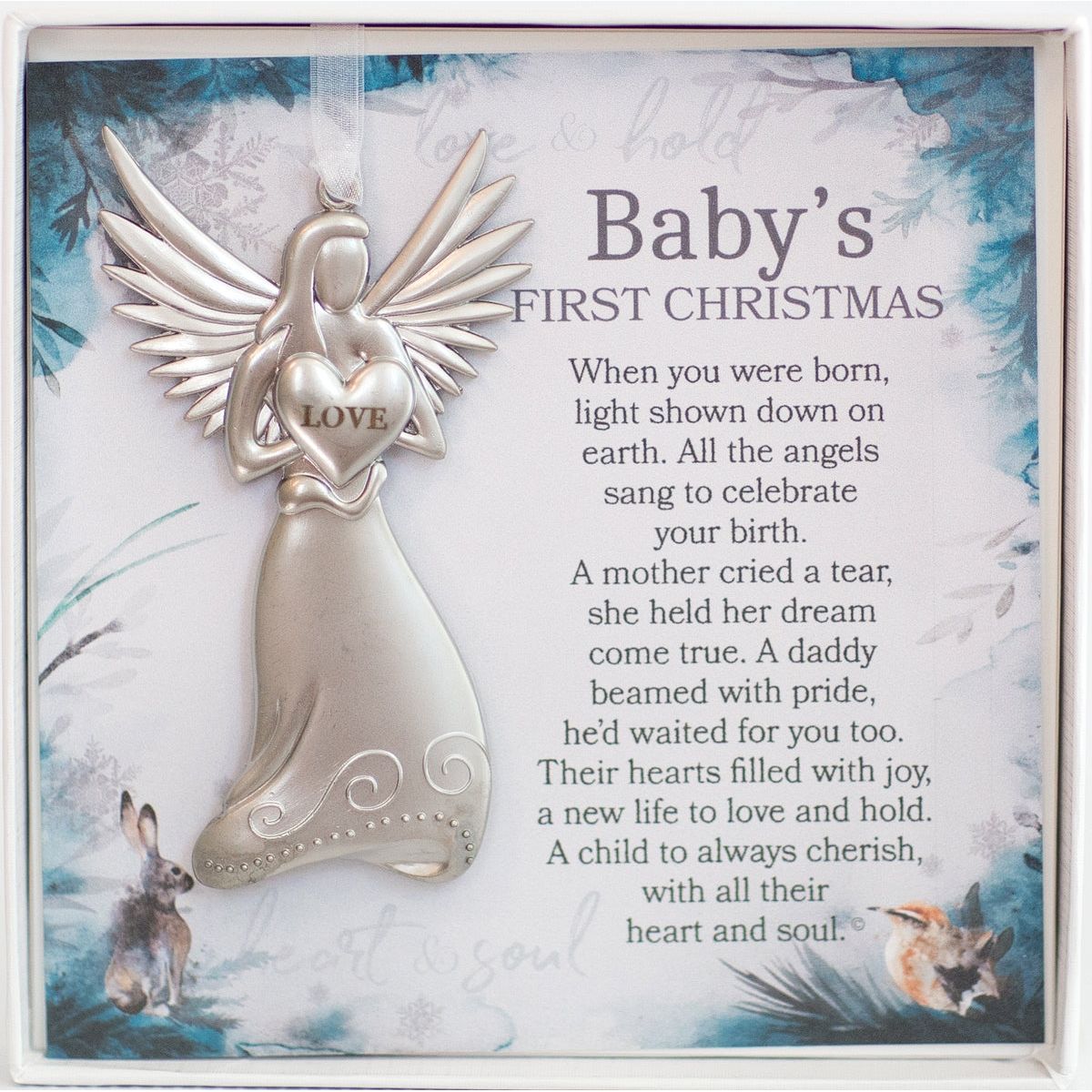 Baby&#39;s First Christmas metal angel ornament with sentiment card in white box with clear lid.