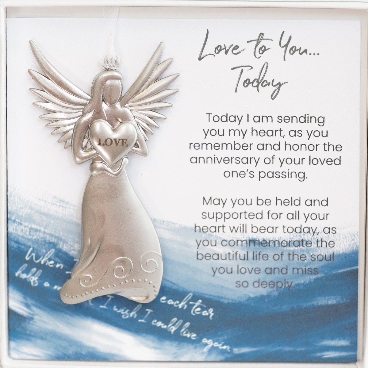 4" Metal Hanging Angel Boxed with Sentiment Card that Offers Comfort and Remembrance on the Anniversary of a Loved Ones Passing, Gift Boxed with Clear Lid