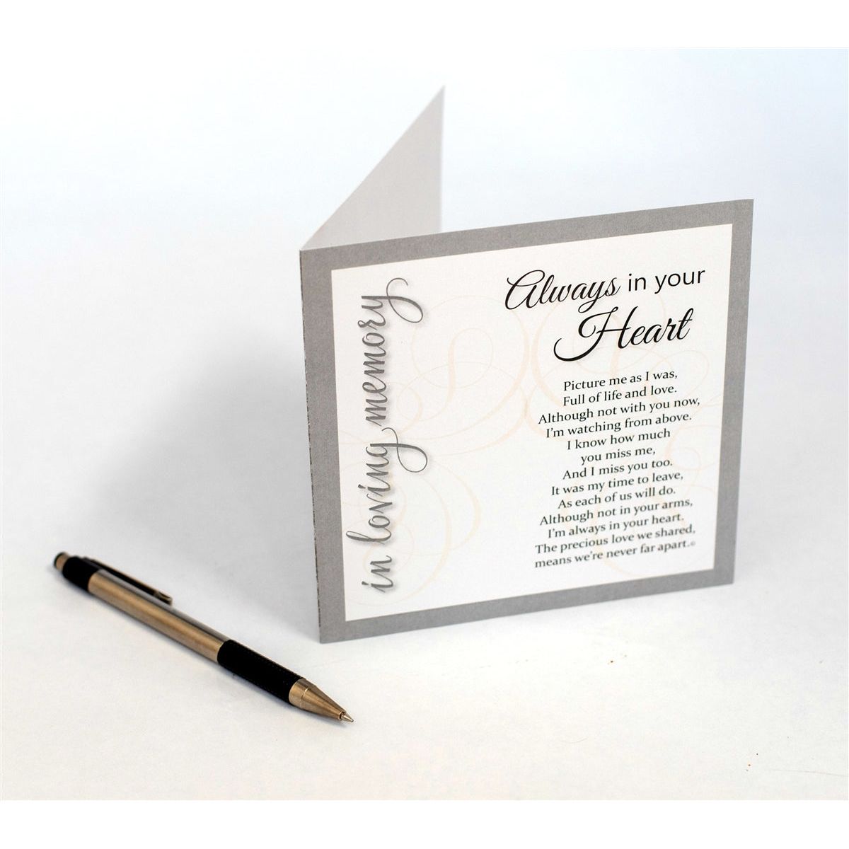 Always in Your Heart card standing open on a table showing the inside of the card where a sympathy note can be written by the giver