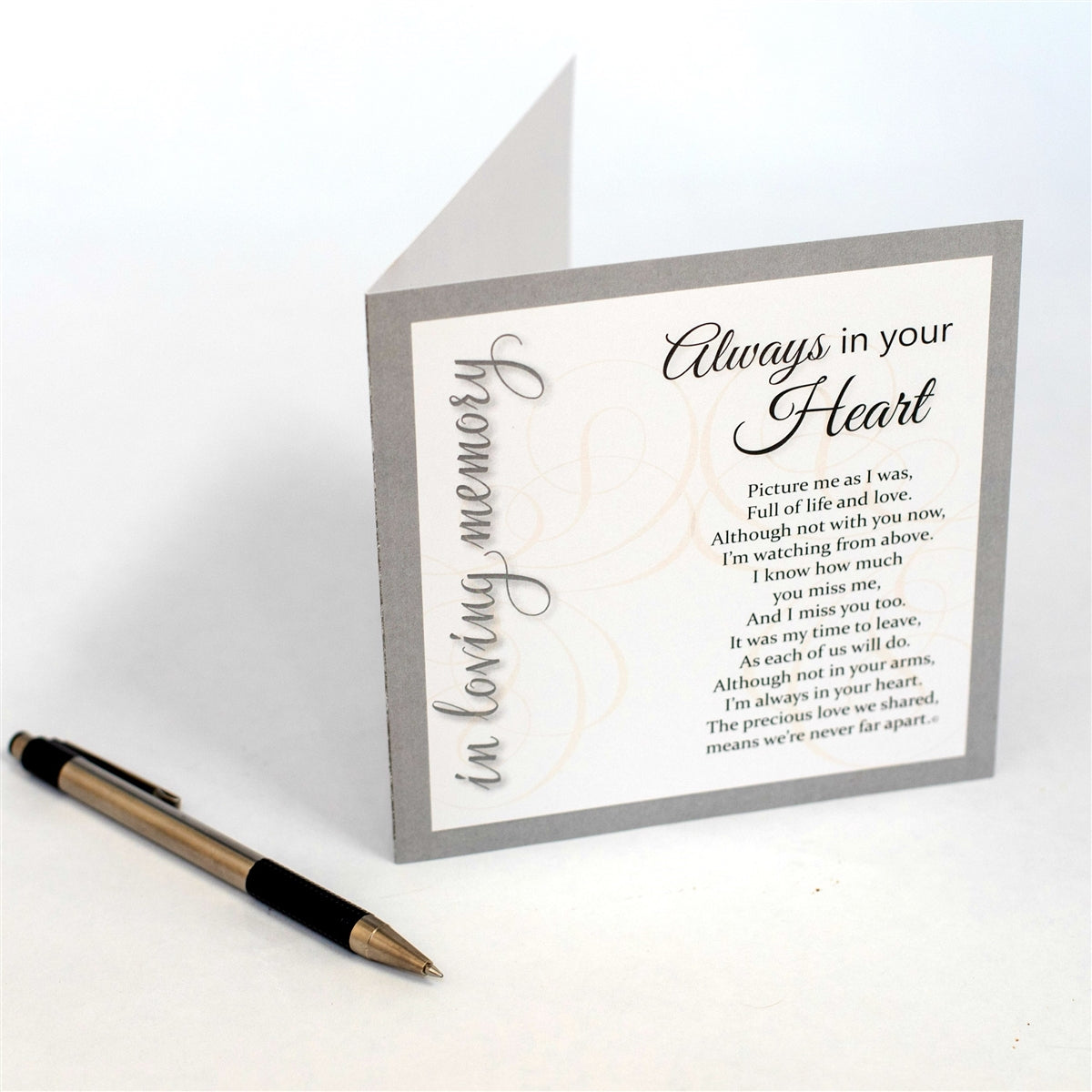 Always in Your Heart card standing open on a table showing the inside of the card where a sympathy note can be written by the giver