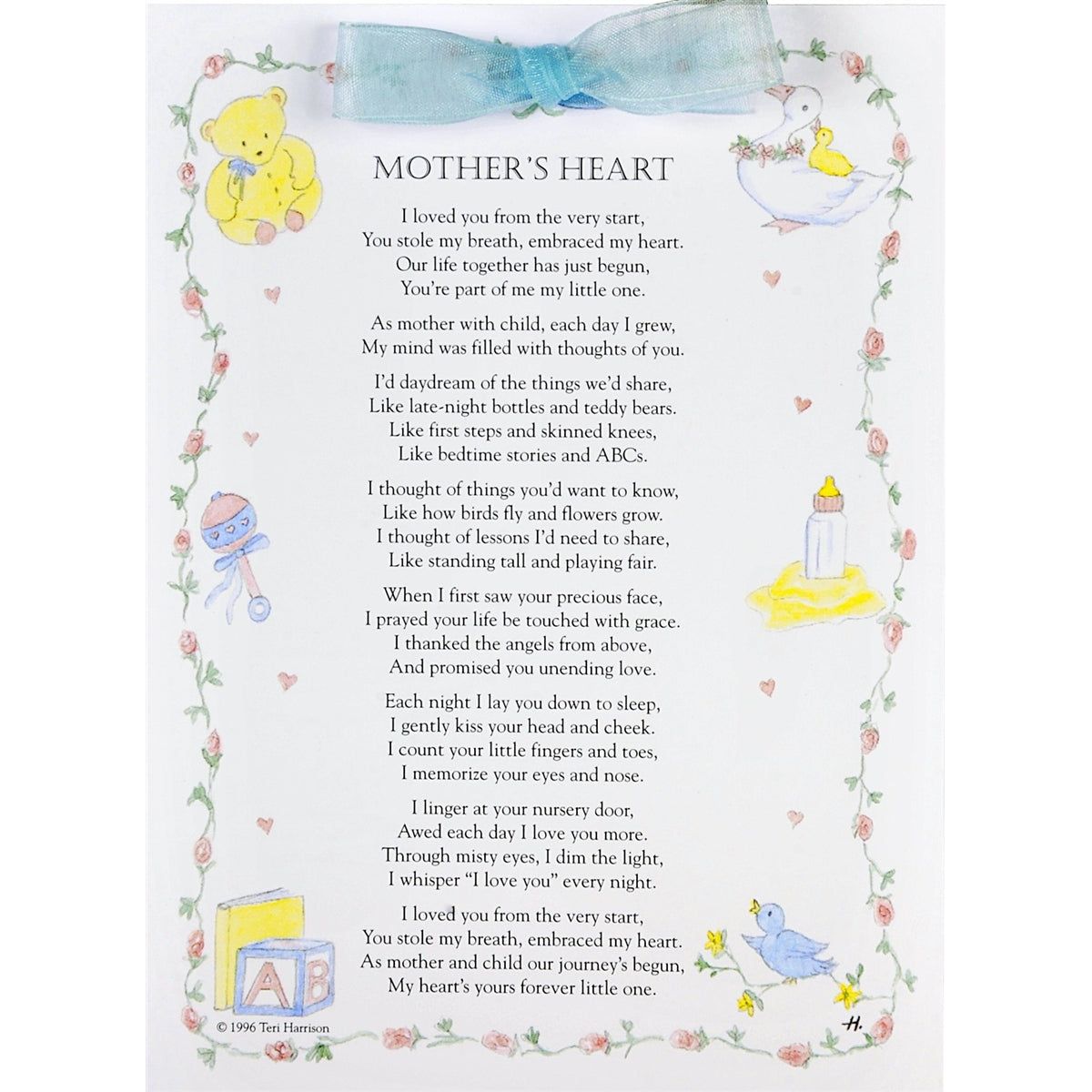 Mother's Heart poem new baby greeting card 5x7 with envelope and blue organza accent ribbon.