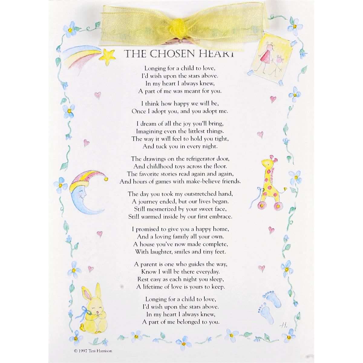 The Chosen Heart adoption poem new baby greeting card 5x7 with envelope and yellow organza accent ribbon