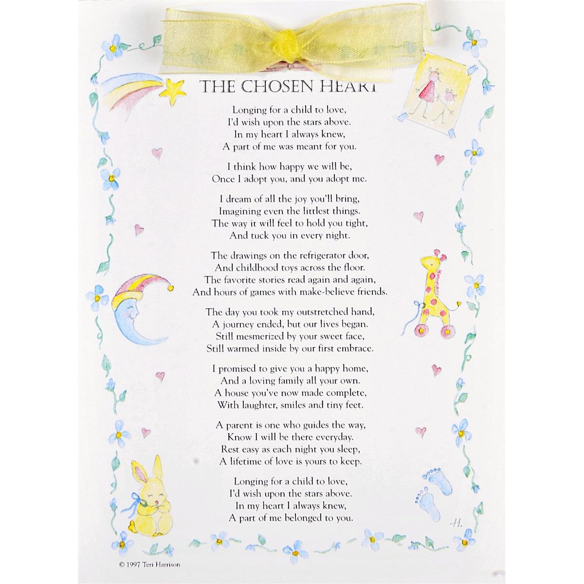 The Chosen Heart adoption poem new baby greeting card 5x7 with envelope and yellow organza accent ribbon