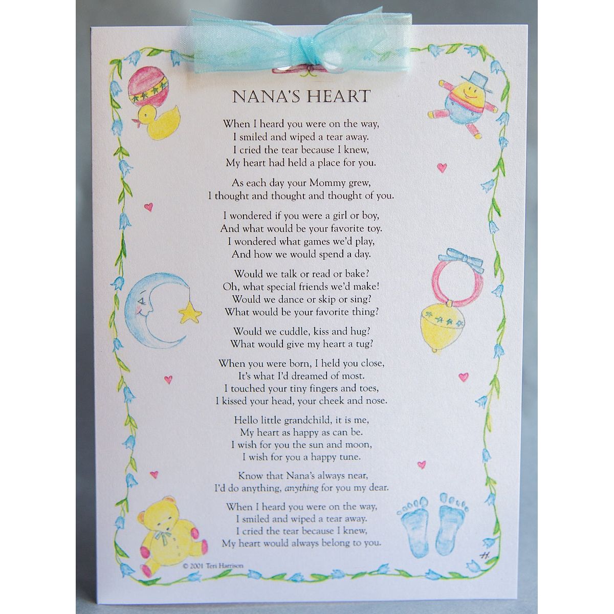 Nana's Heart poem new baby greeting card 5x7 with envelope and blue organza accent ribbon.