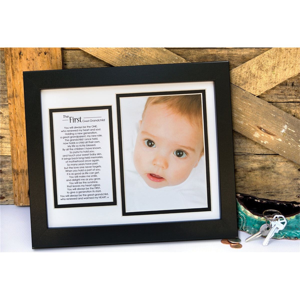 First Great-Grandchild frame sitting on desk.