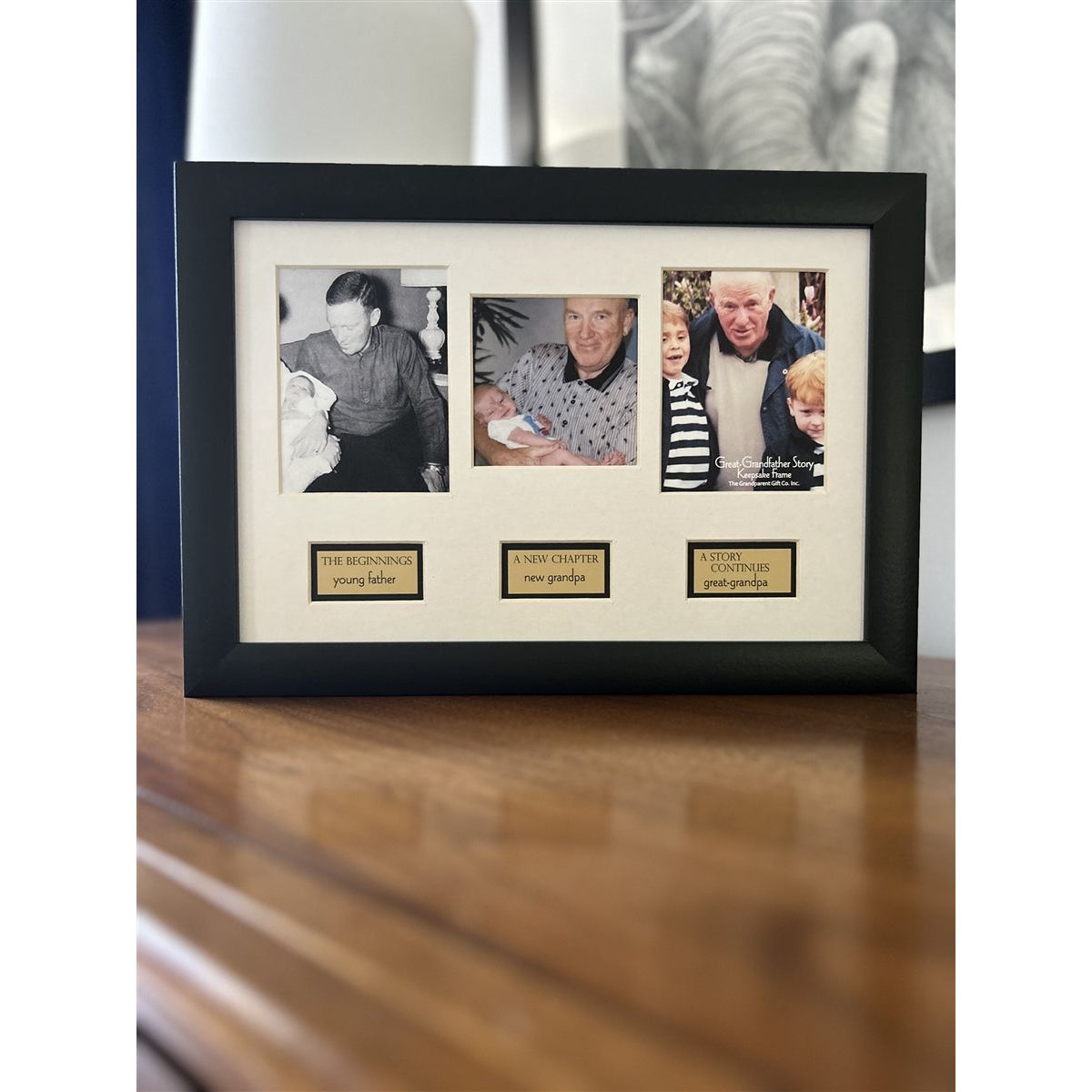 Great-Grandpa Life Story frame on a dresser.