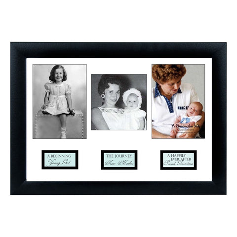 8x12 black frame for wall or table display with 3 spaces and captions for photos for a Grandma's life story.