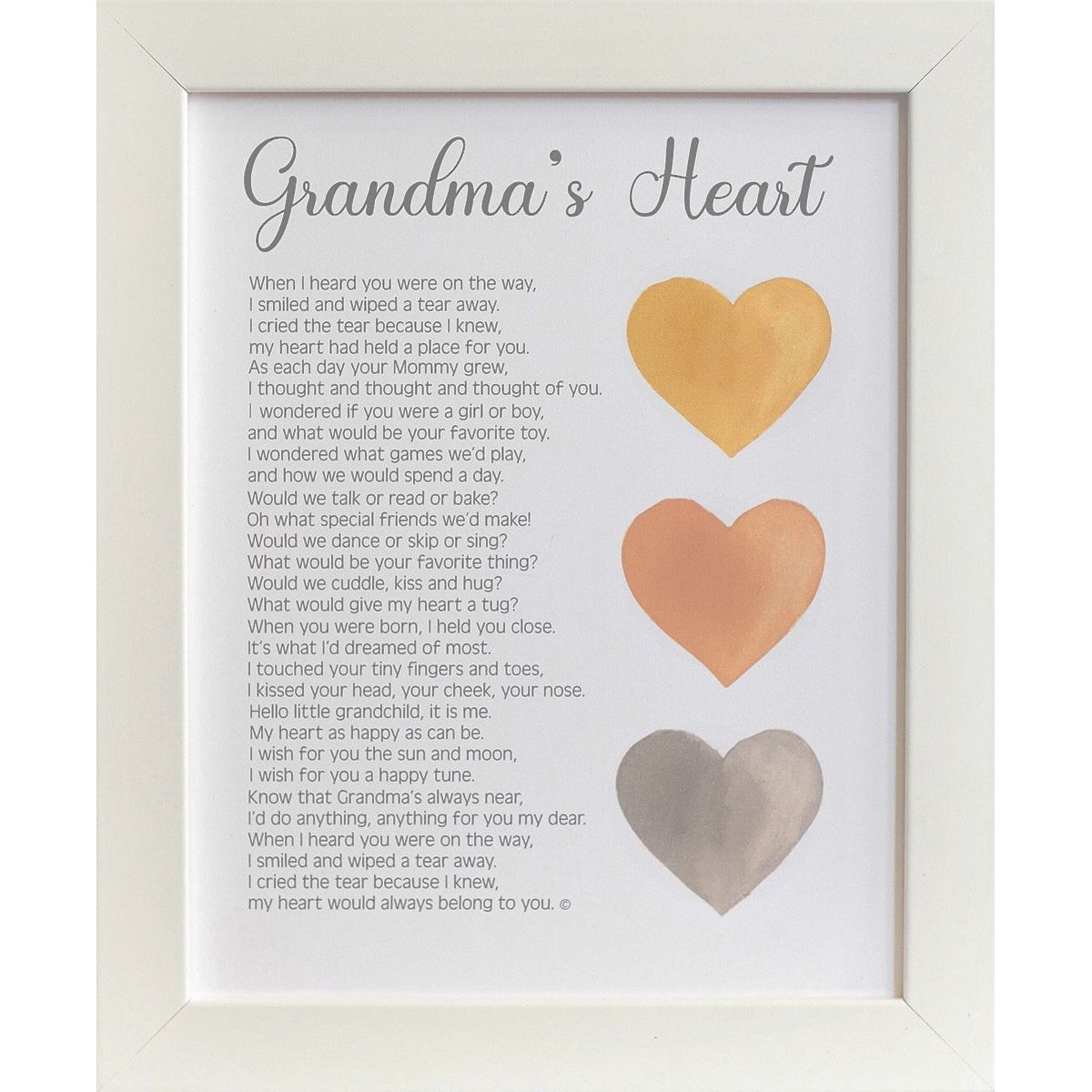 Personalized Grandma's Heart poem in white frame.