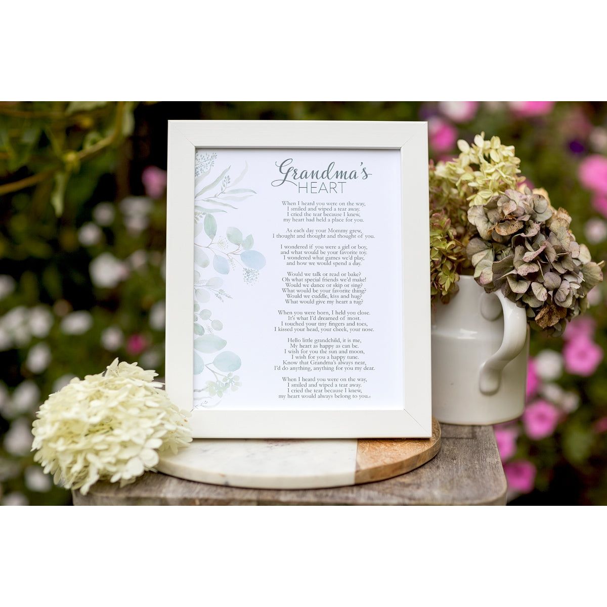 Grandma&#39;s Heart poem in white frame.